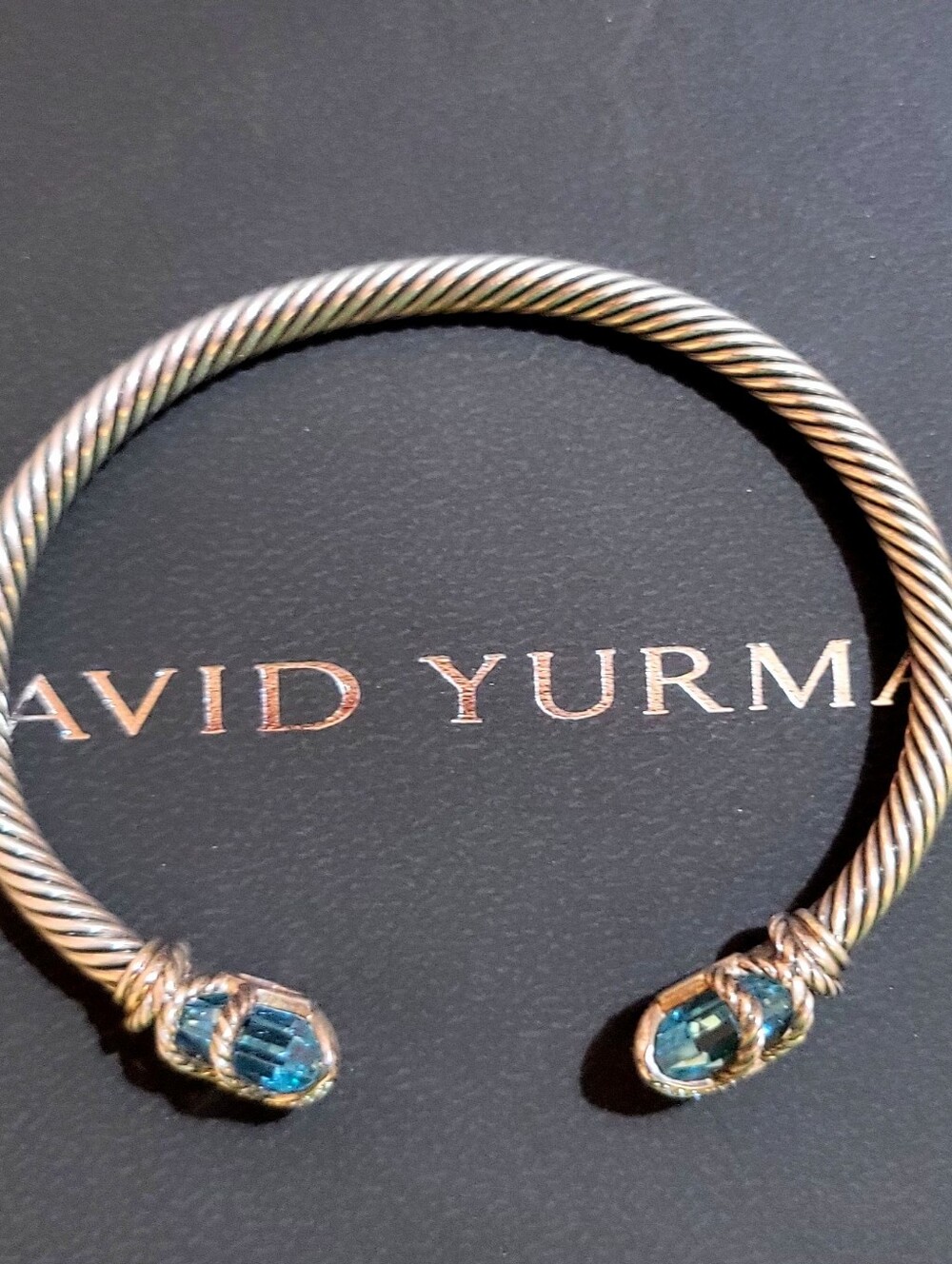 David Yurman Blue Topaz and Pave Diamond 4 mm Cable Wire Bracelet - Picture 10 of 16